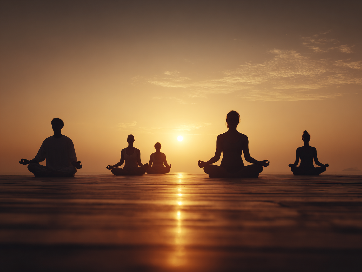 Медитативна практика йоги на заході сонця